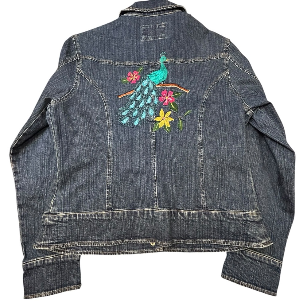 Live a Little Denim Jacket with Embroidered Teal Peacock & Multicolor Flowers